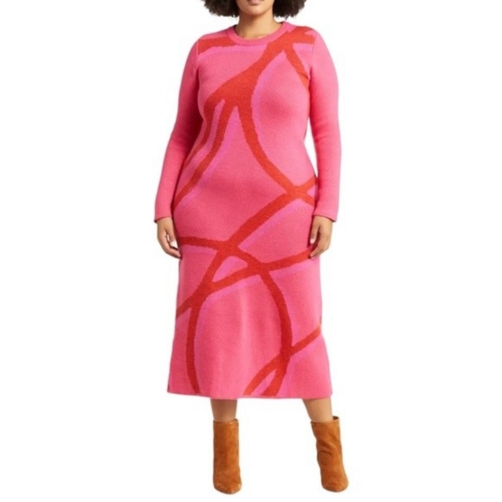 11 Honoré Alexia Long Sleeve Sweater Dress Hot Pink Swirls Women’s 1X